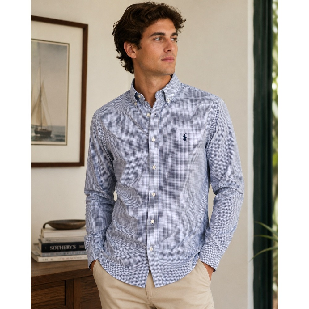 Polo Ralph Lauren Yarmouth Mens Blue White Micro Check Cotton Size 16 34/35